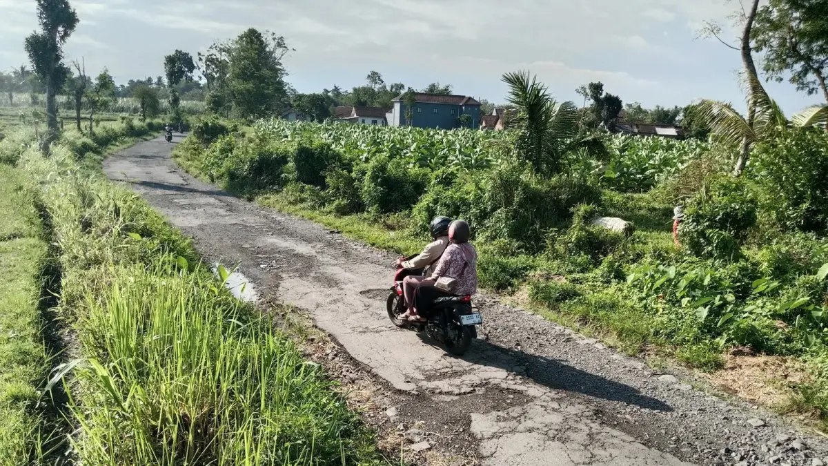 HARUS SABAR: Salah seorang pengendara bermotor ketika melintas di jalan salah satu desa. Kini berdasarkan data yang ada baru 47 desa di Bondowoso masuk kategori mandiri dan permalahan yang paling mendasar adalah soal jalan rusak.