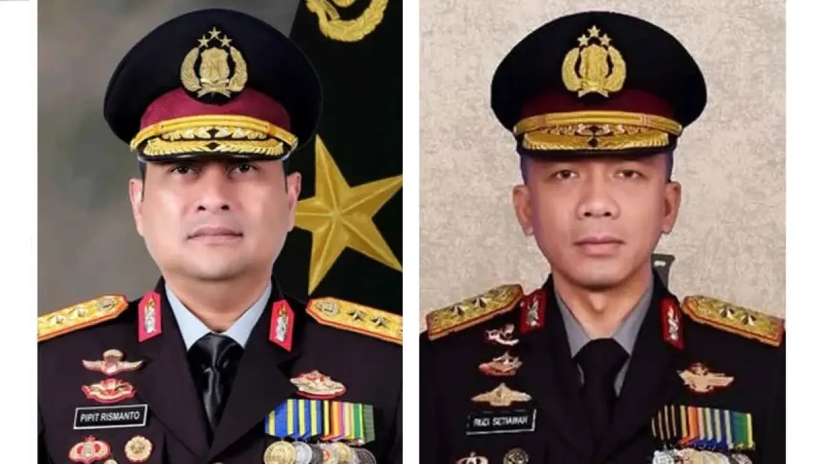 Irjen Pol Pipit Rismanto (kiri) resmi jadi Kapolda Jawa Barat gantikan Irjen Pol Dr. Rudi Setiawan (kanan). (istimewa) 
