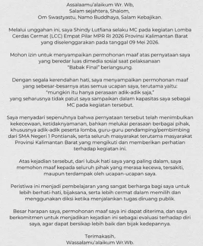 Ini Surat Terbuka MC Lomba Cerdas Cermat Soal Permintaan Maaf dan Klarifikasi, Warganet Tetap Beri Komentar Pedas