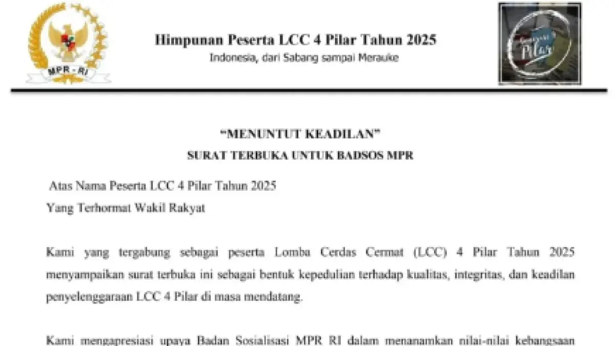 RESMI Ajukan Surat Terbuka! Himpunan Peserta Lomba Cerdas Berani Menuntut Keadilan Kepada Juri MPR RI