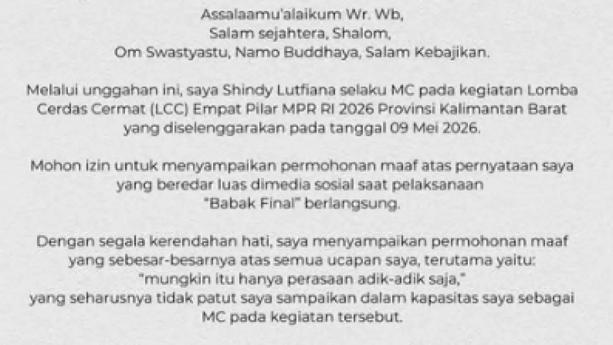 Surat Terbuka MC Shindy dalam LCC 4 Pilar MPR RI (DOK INSTAGRAM PRIBADI SHINDY LUTFIANA)