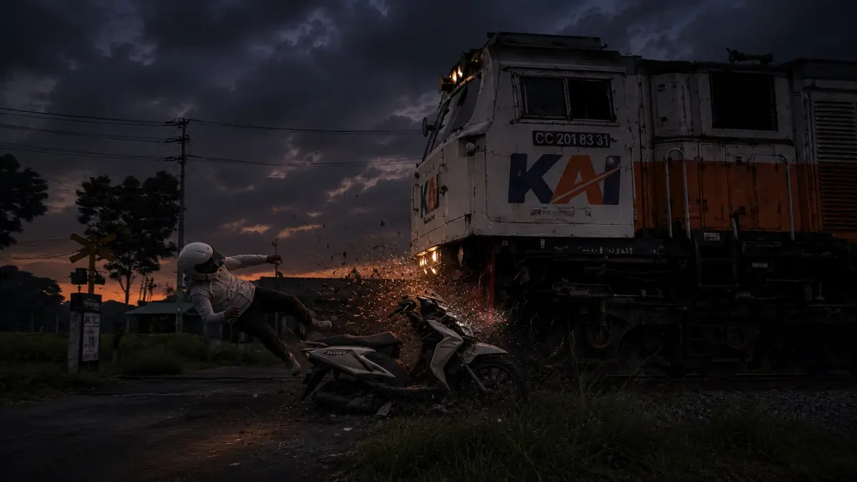 LAKA MAUT: Ilustrasi detik-detik KA Sangkuriang menabrak pengendara sepeda motor di Desa Bedadung, Kecamatan Pakusari, Rabu sore (13/5). (YULIO/AI)