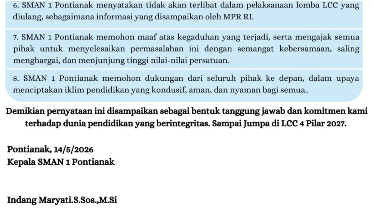Pernyataan sikap SMAN 1 Pontianak terkait LCC 4 Pilar MPR RI yang bakal diulang. (Instagram/anaksmansa)