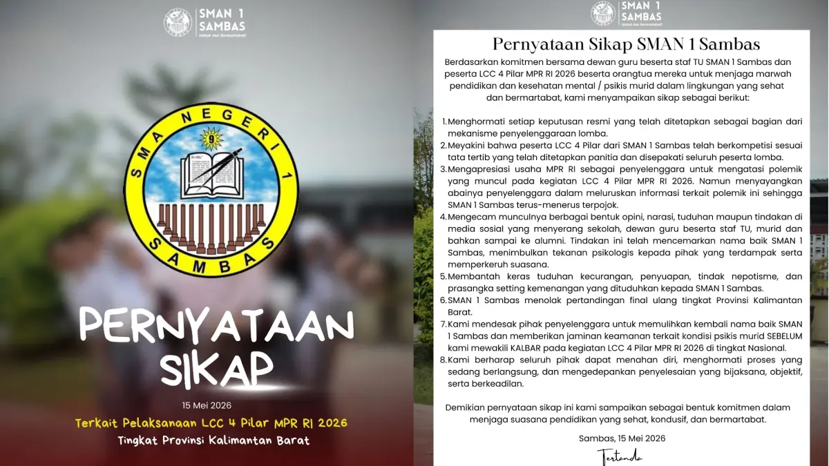 Pernyataan sikap SMAN 1 Sambas buntuk polemik Lomba Cerdas Cermat 4 Pilar MPR RI tingkat Kalimantan Barat. (IG/SMAN 1 SAMBAS)
