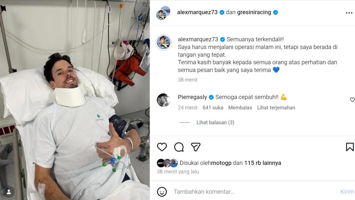 Alex Marquez mengalami reta tulang leher C7 serta retak tulanng selangka kanan setelah mengalami kecelakaan mengerikan di Catalunya, Minggu (17/5/2026).