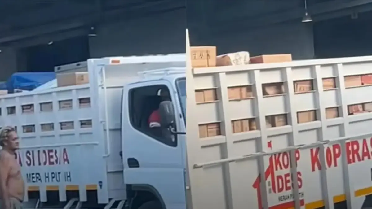 Truk Kopdes di Surabaya belanja kebutuhan sembako di gudang Indomaret. (TikTok/@anas_tralala)