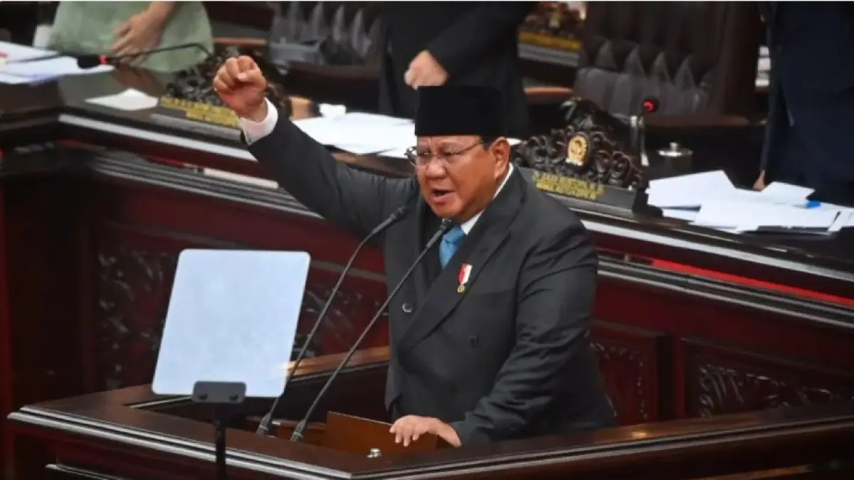 Presiden Prabowo Subianto menyampaikan pidato dalam Rapat Paripurna ke-19 DPR RI Masa Persidangan V Tahun Sidang 2025-2026 di kompleks Parlemen, Jakarta, Rabu (20/5/2026).&nbsp;(ANTARA FOTO/Rivan Awal Lingga/app/kye)