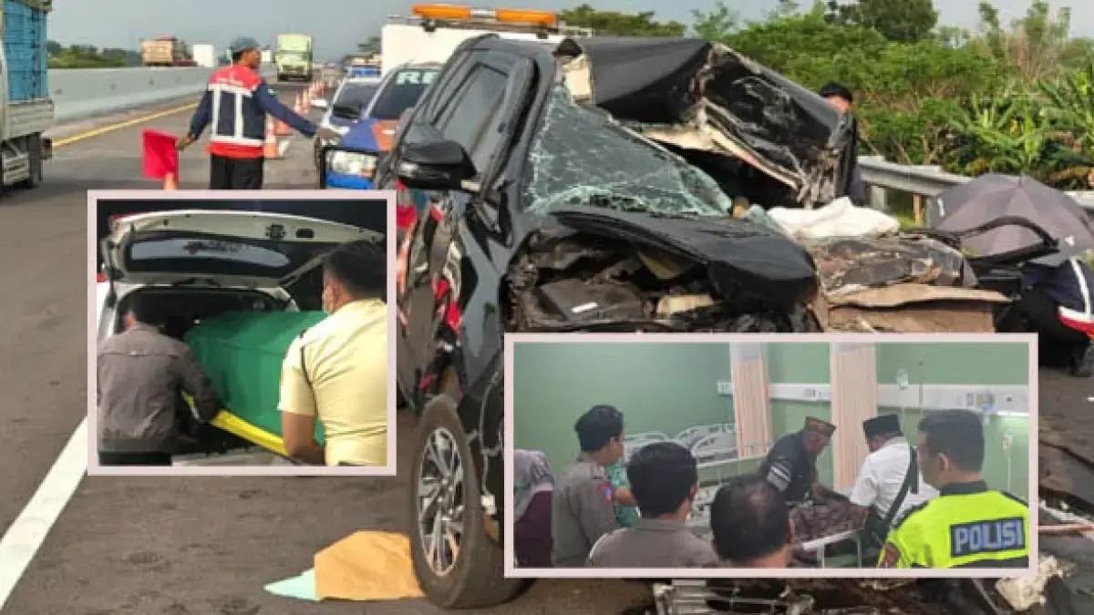 Mobil rombongan yang ditumpangi Gus Hilman. Inset, Korban meninggal dunia dan sejumlah rekan DPRD Kabupaten/Kota Probolinggo menjenguk korban Muhammad Hilman Mufidi, di RSUD Ar Rozy, pascakecelakaan, Sabtu (23/5) malam. (Foto: Inneke Agustin/Jawa Pos Radar Bromo)