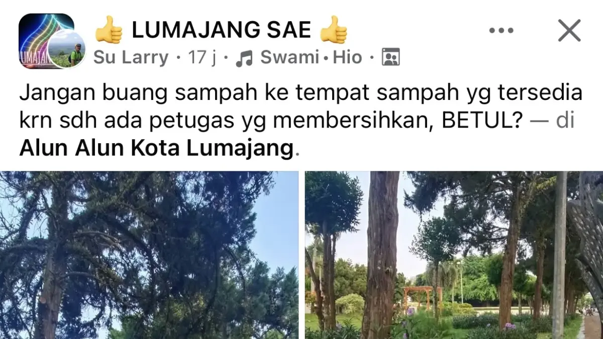 Tangkap layar kondisi alun-alun Lumajang dipenuhi sampah.