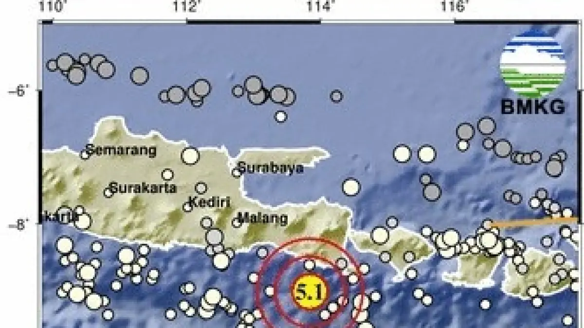 Gempa tektonik berkekuatan magnitudo 5,1 pada Selasa (26/5/2026) sore di tenggara Kabupaten Jember. (BMKG) 