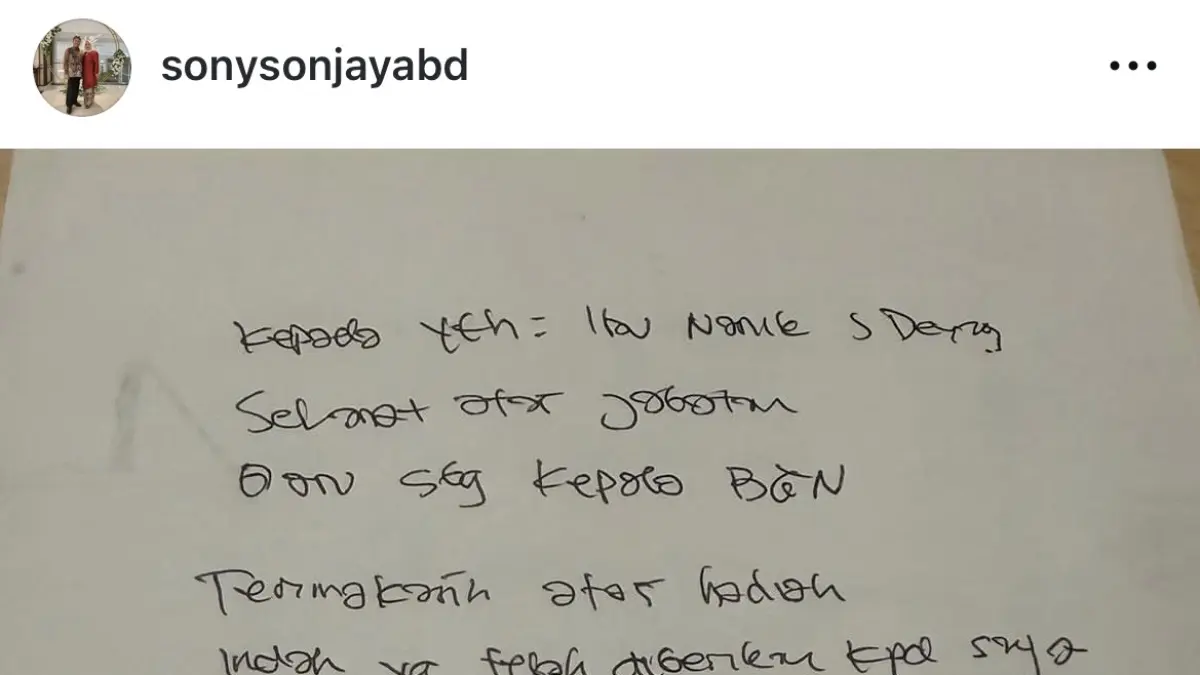 Tangkap layar sepucuk surat dari Sony Sanjaya untuk Kepala BGN baru.