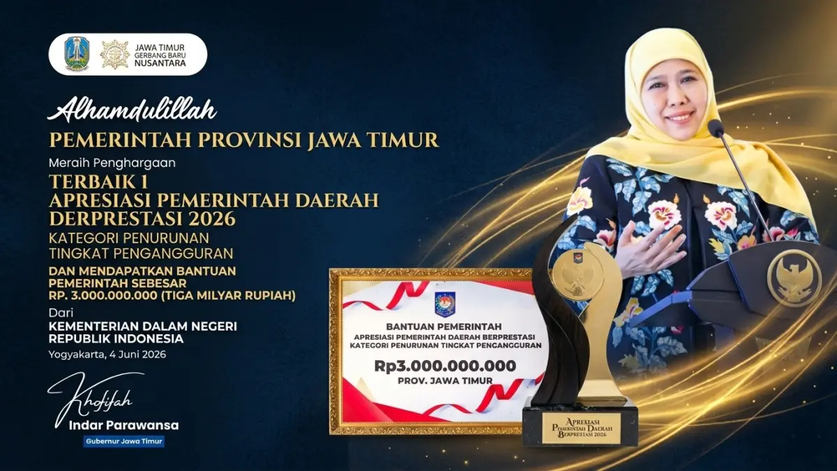 Pemerintah Provinsi Jawa Timur berhasil meraih penghargaan Terbaik 1 Apresiasi Pemerintah Daerah Berprestasi 2026 untuk Kategori Penurunan Tingkat Pengangguran dari Kementerian Dalam Negeri Republik Indonesia.