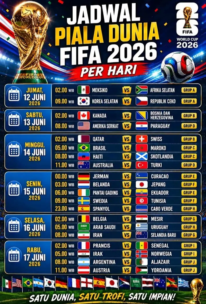 CATAT! Ini Jadwal Lengkap Piala Dunia 2026 Per Harinya