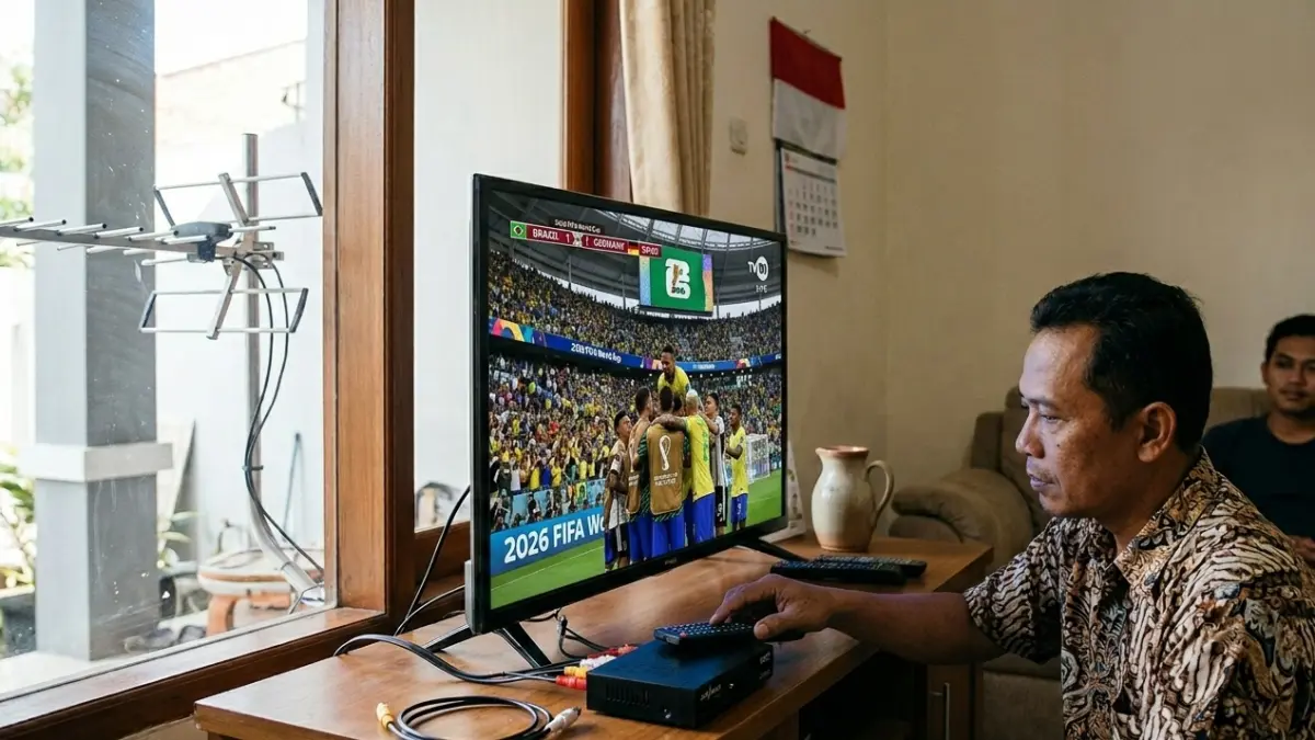 Ilustrasi nonton piala dunia dengan TV jadul. (foto diolah dengan AI)