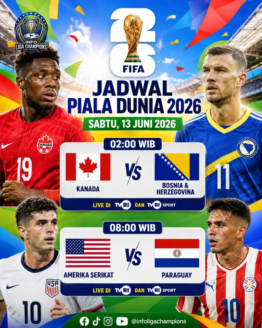 Jadwal Pildun 2026 Sabtu 13 Juni: Duel Sengit USA vs Paraguay