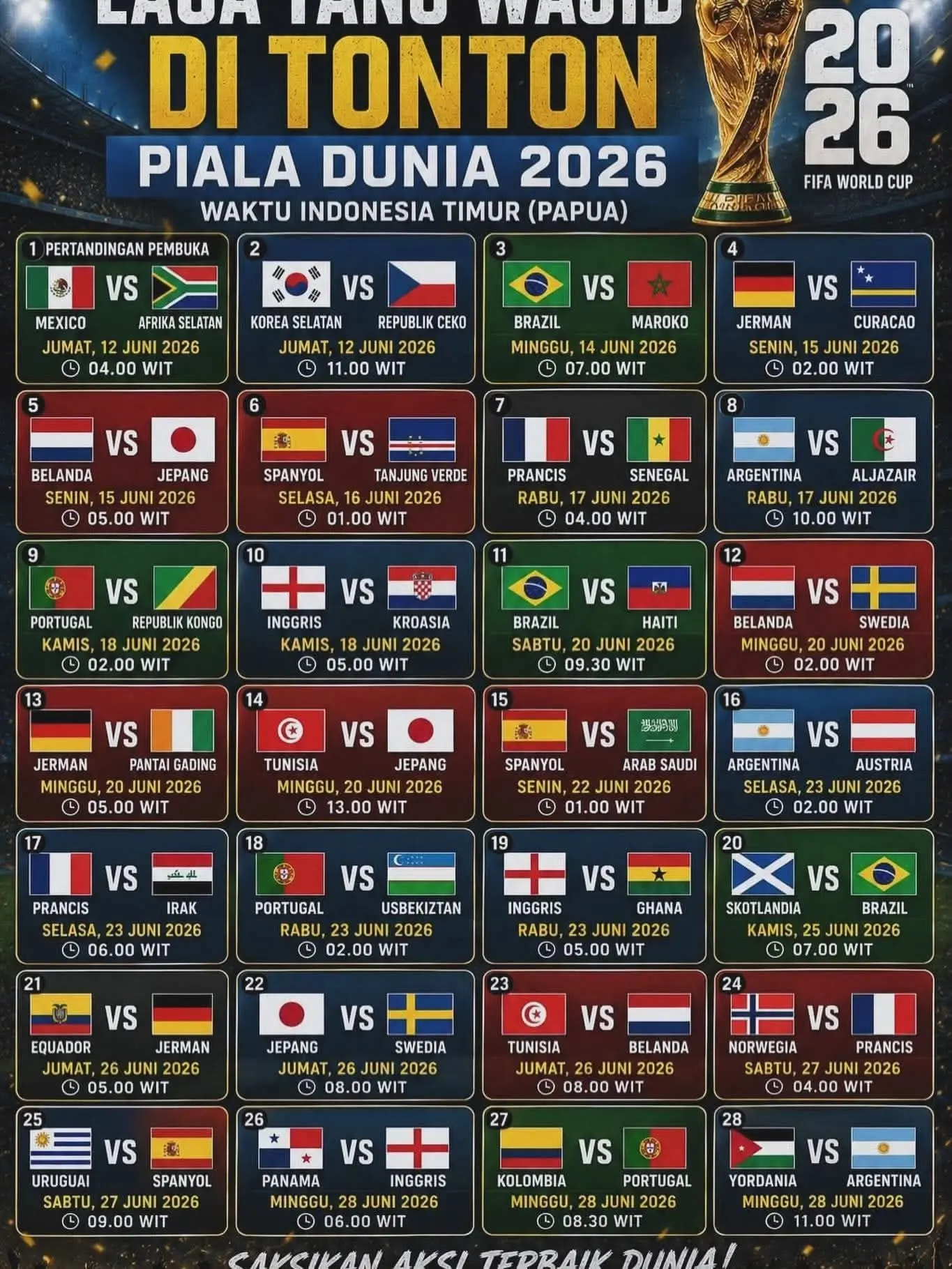 Versi Waktu Indonesia Timur WIT, Ini Jadwal Lengkap Piala Dunia 2026