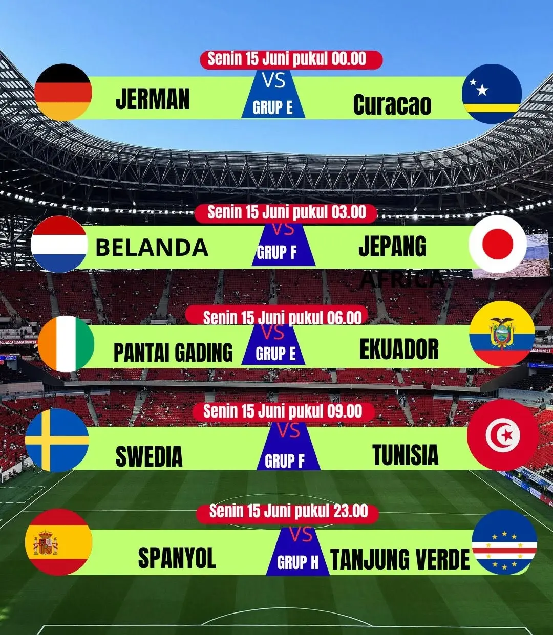 Update Jadwal Fase Grup Piala Dunia 2026 Senin 15 Juni: Cek Jadwal Lengkapnya Ini