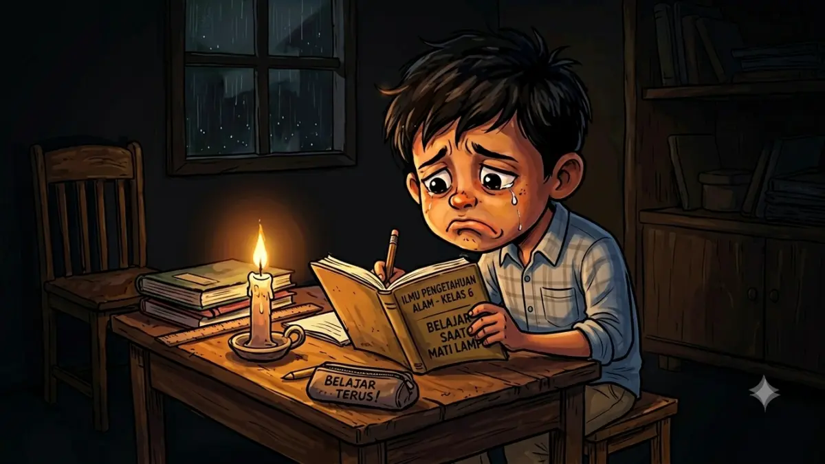 SEMAKIN SERING: Karikatur seorang pelajar yang seakan sedang belajar. Namun ia harus bersedih lantaran terganggu dengan padamnya listrik.(KARIKATU AI)