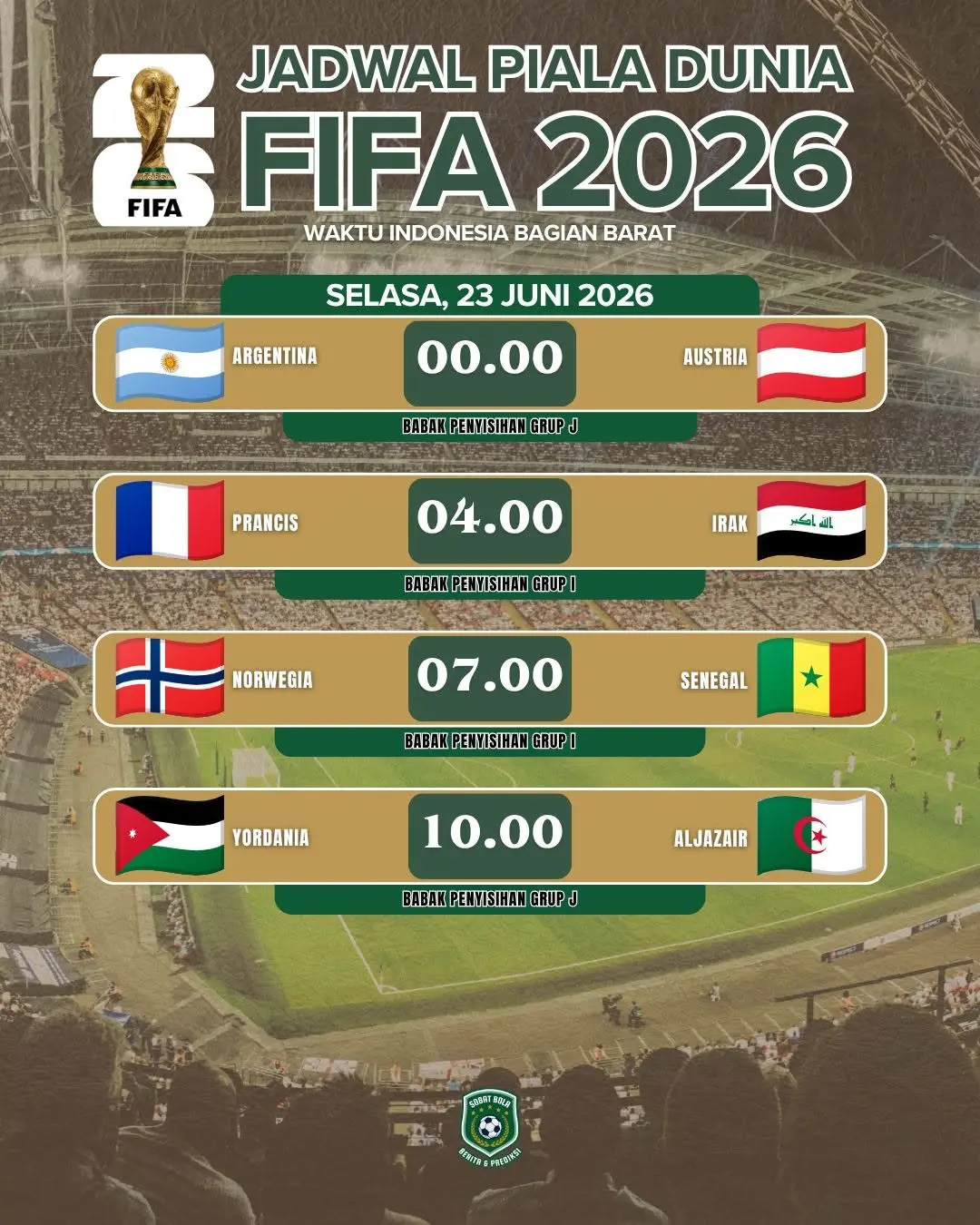 Selasa, 23 Juni 2026 bakal jadi hari yang seru banget di fase grup Piala Dunia!