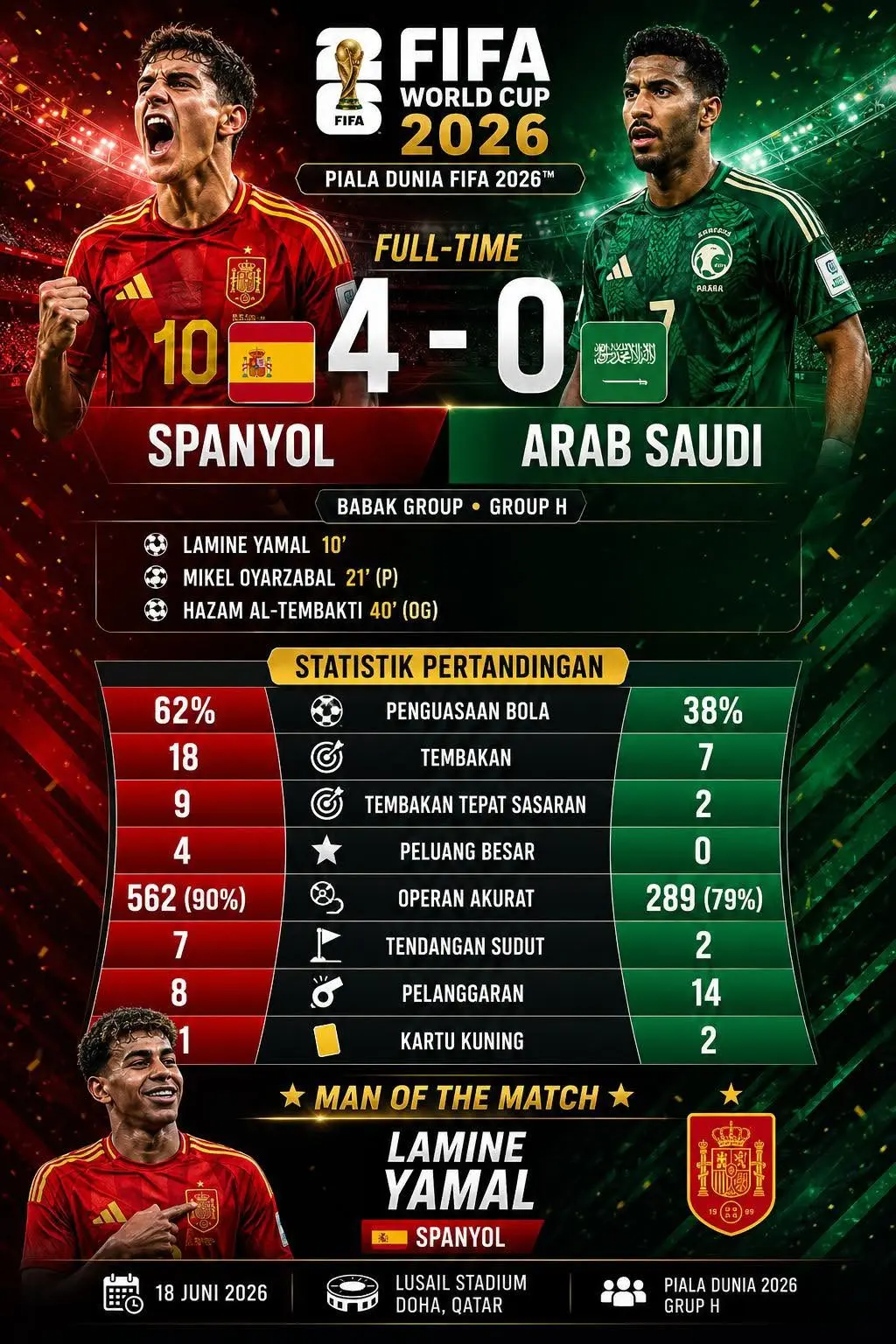 Stastistik Spanyol vs Arab Saudi