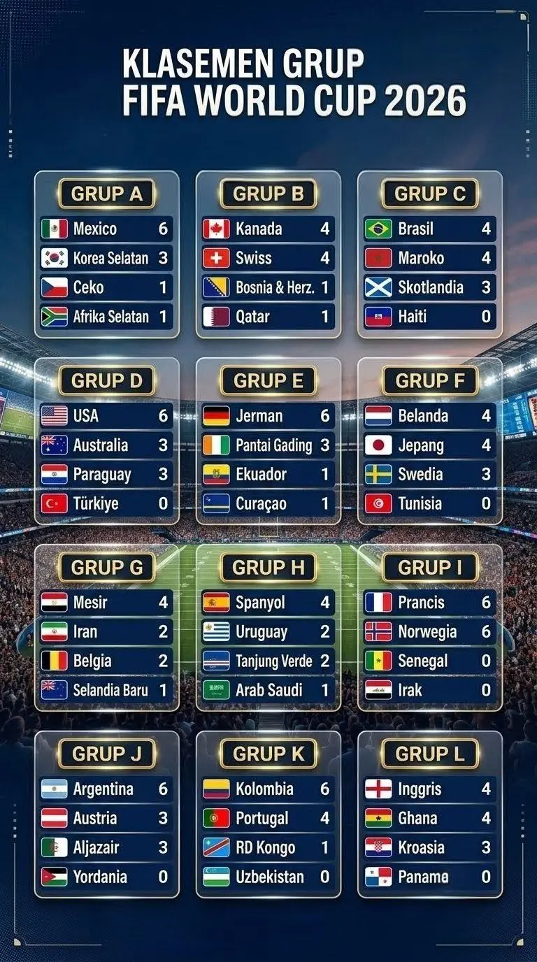 Berikut Klasemen Sementara Piala Dunia 2026, Update 24 Juni