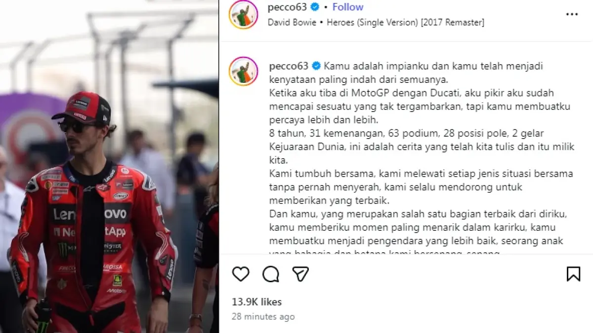 Pecco Bagnaia unggah pesan menyentuh setelah resmi hengkang dari Ducati usai musim 2026. (Instagram/pecco63)
