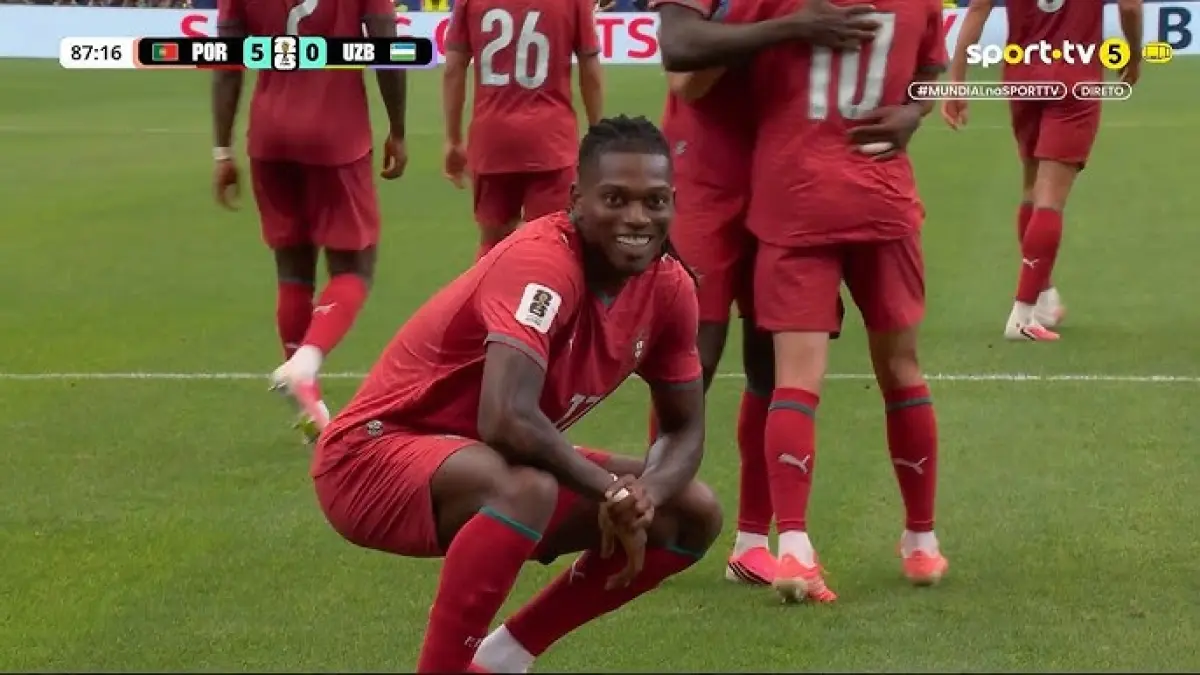Selebrasi dari Rafael Leao usai cetak gol untuk Portugal di laga melawan Uzbekistan pada Piala Dunia 2026