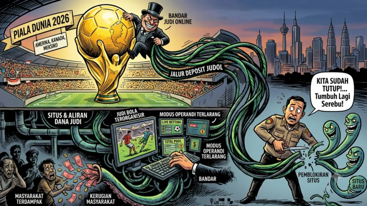 Ilustrasi gurita bisnis gelap judi online dalam perhelatan Piala Dunia 2026.&nbsp;