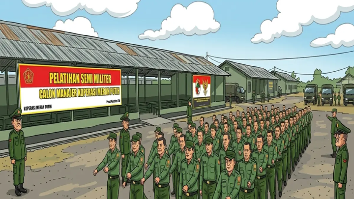 ilustrasi karikatur calon manajer SPPI KDMP saat berlatih militer. (KARIKATUR AI)