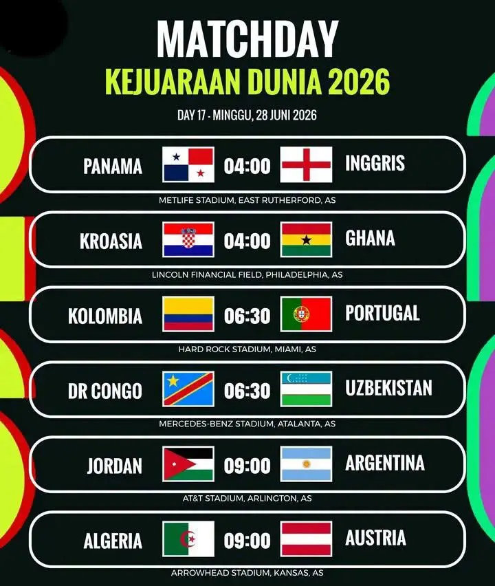 Jadwal Piala Dunia 2026 Minggu 28 Juni: Ronaldo Siap Unjuk Gigi Lagi