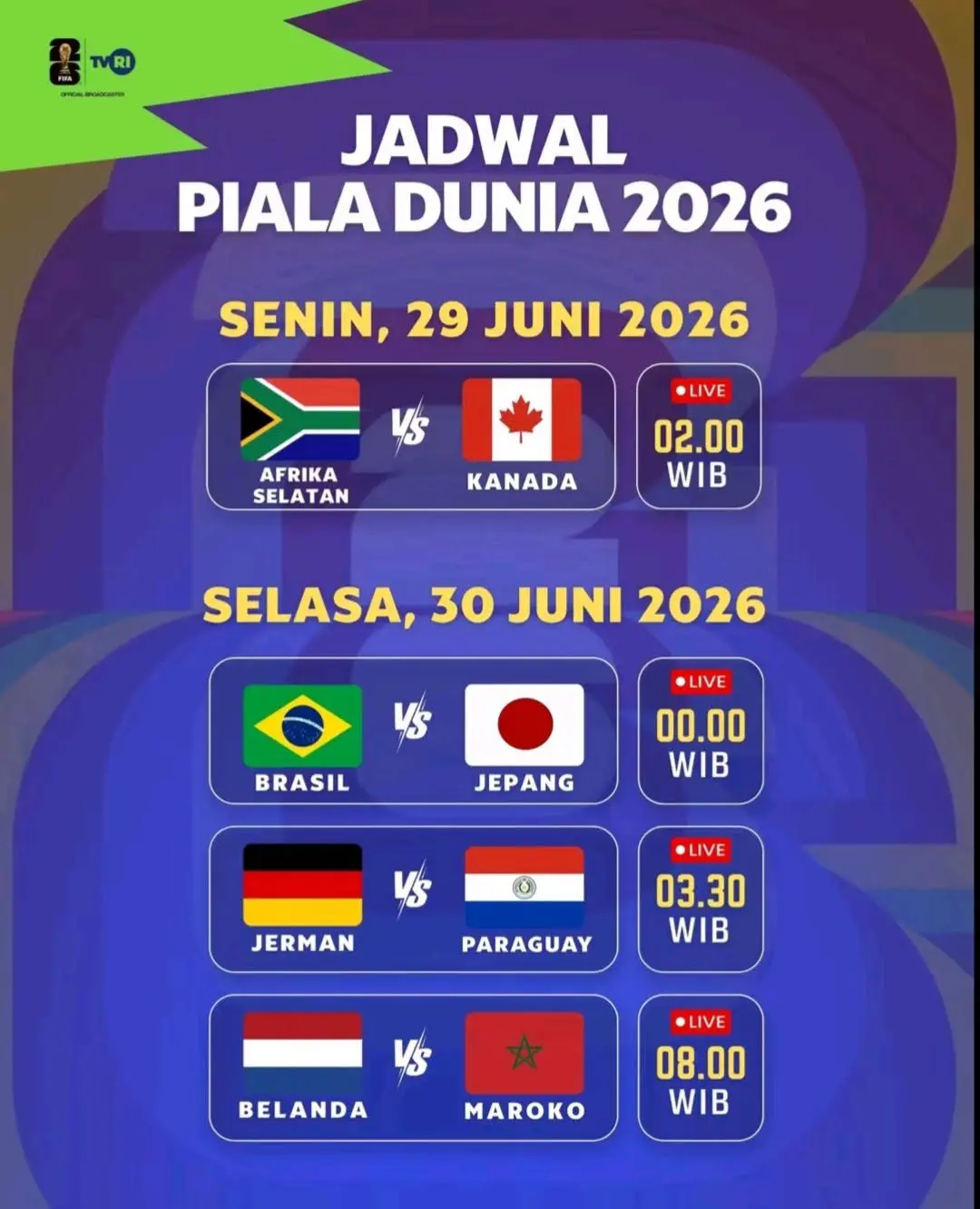 Jadwal Piala Dunia Senin dan Selasa 29-30 Juni