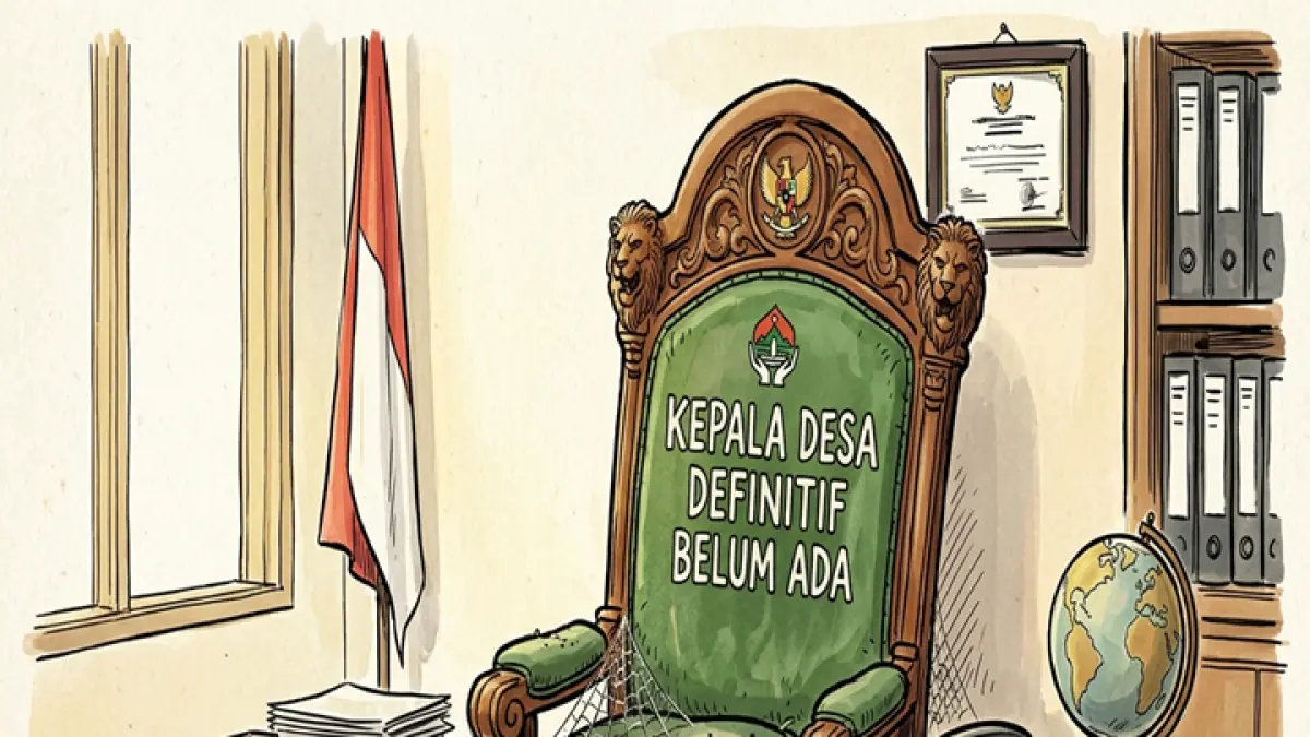 KOSONG: Ilustrasi mengenai kosongnya jabatan kepala desa definitif di Bondowoso masih menjadi isu hangat di kalangan warga desa. Bahkan para Pj Kades itu sudah memimpin desanya lebih dari setahun.(KARIKATUR AI)