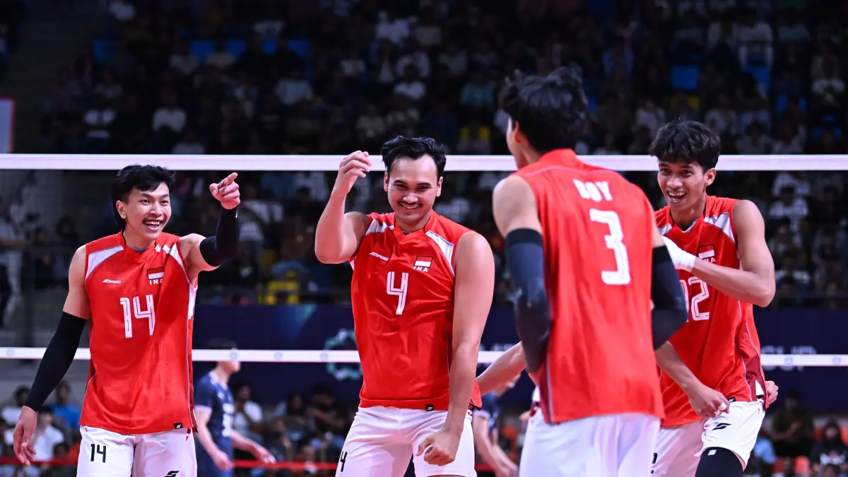 BERSEJARAH: Para punggawa Timnas Voli Putra Indonesia melakukan selebrasi setelah mendapatkan poin. (Galery AVC-MEN)