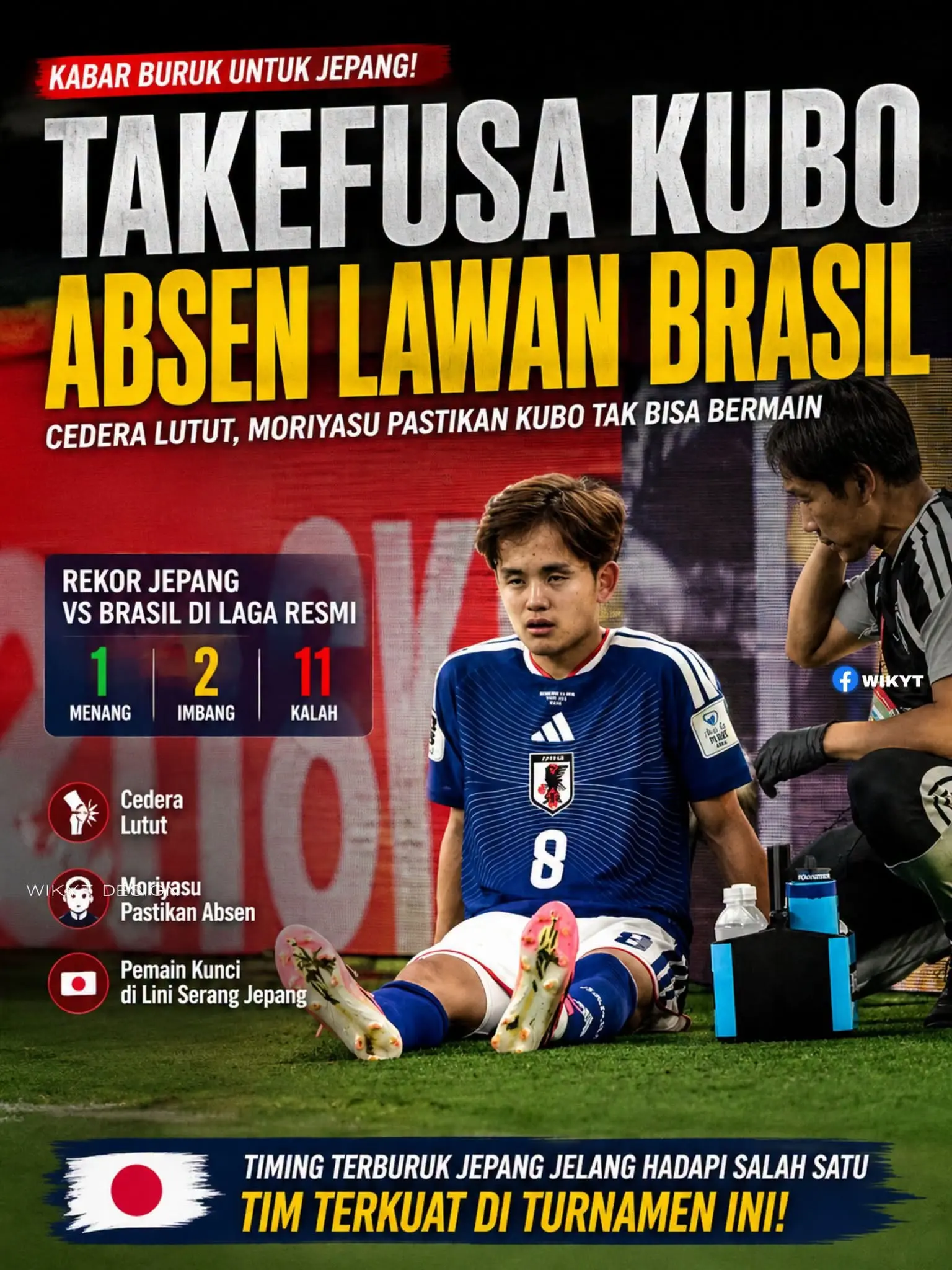 Kubo pemain andalan Jepang dipastikan absen melawan Brasil. (FB Wikyt)