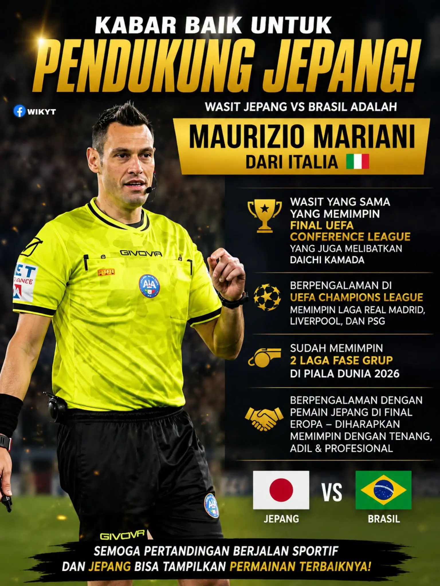  RESMI! Wasit Laga Jepang vs Brasil Telah Ditetapkan! (FB Wikyt)