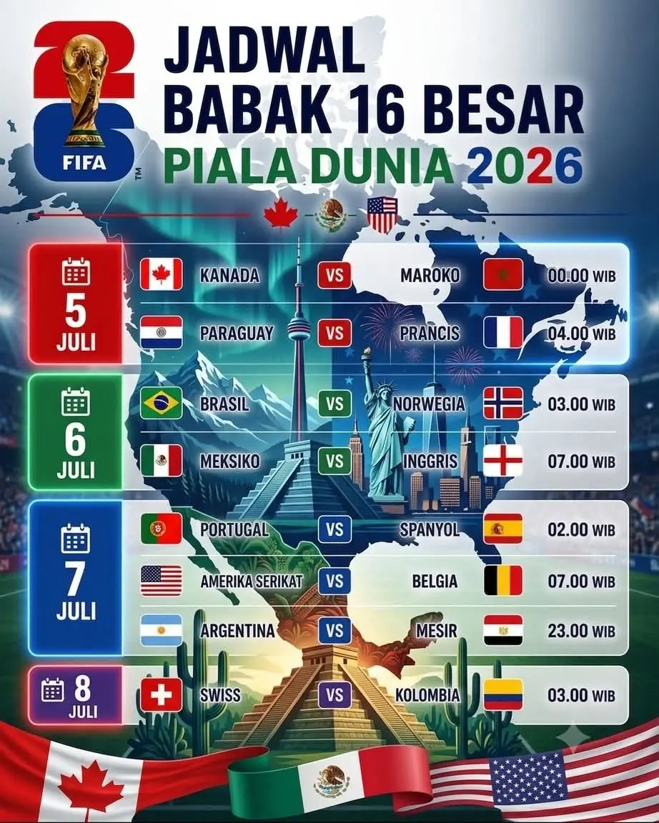 Catat Jadwalnya! Babak 16 Besar Piala Dunia 2026 (WIB) (FB Whiwin)