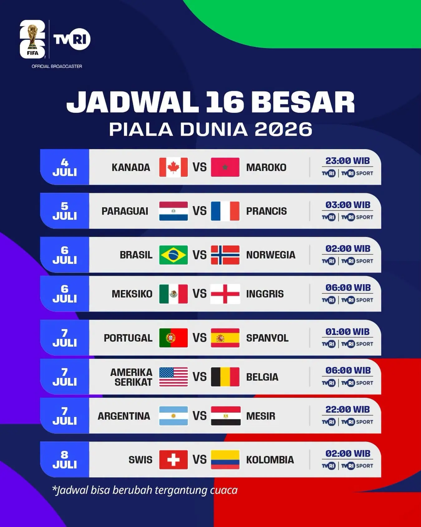 Jadwal Lengkap babak 16 besar piala dunia 2026 (FB TVRI Sports HD)