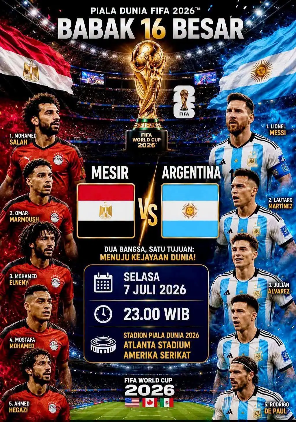 Prediksi laga 16 besar Mesir vs Argentina