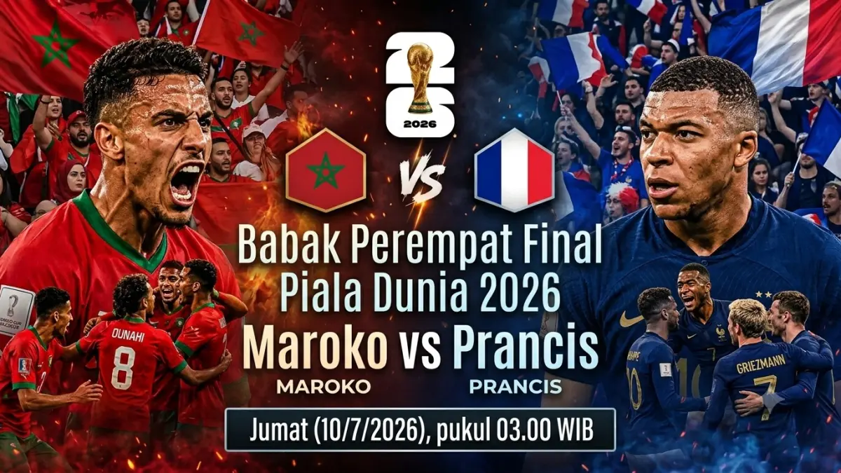 Laga pertama babak perempat final mempertemukan Prancis dengan Maroko. (ilustrasi diolah dengan AI)