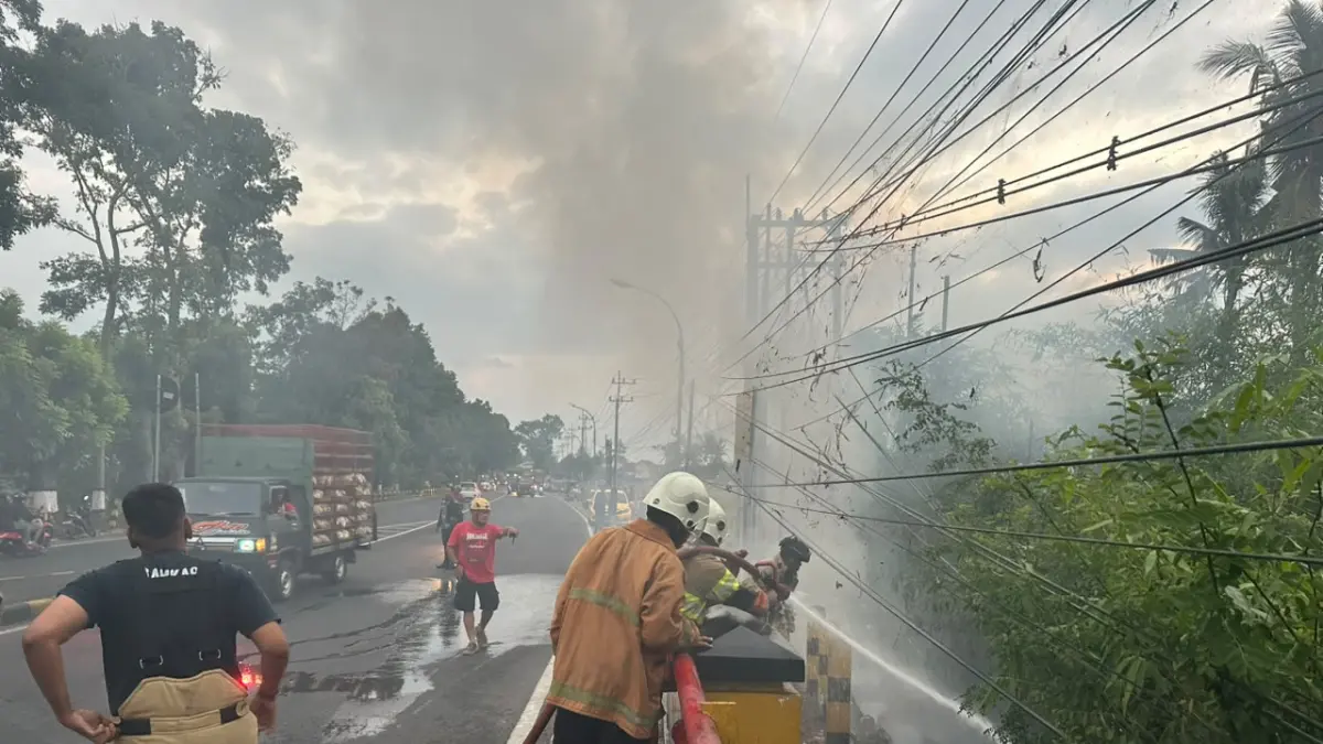 MENDATANGI:petugas saat memadamkan api yang mulai menjalar luas.
