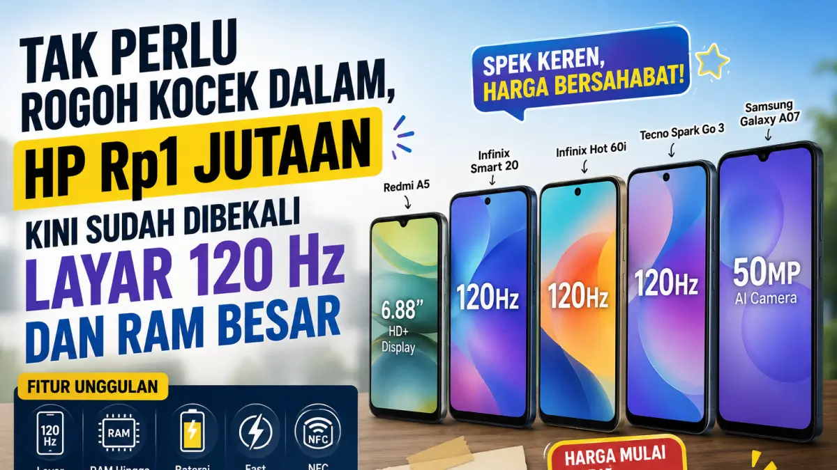 HP Rp1 jutaan kini tak lagi seadanya. Mulai dari layar 120 Hz, RAM besar, baterai awet, hingga fast charging, semuanya sudah bisa didapat dengan harga yang ramah di kantong. (ILUSTRASI AI/Radar Jember)

