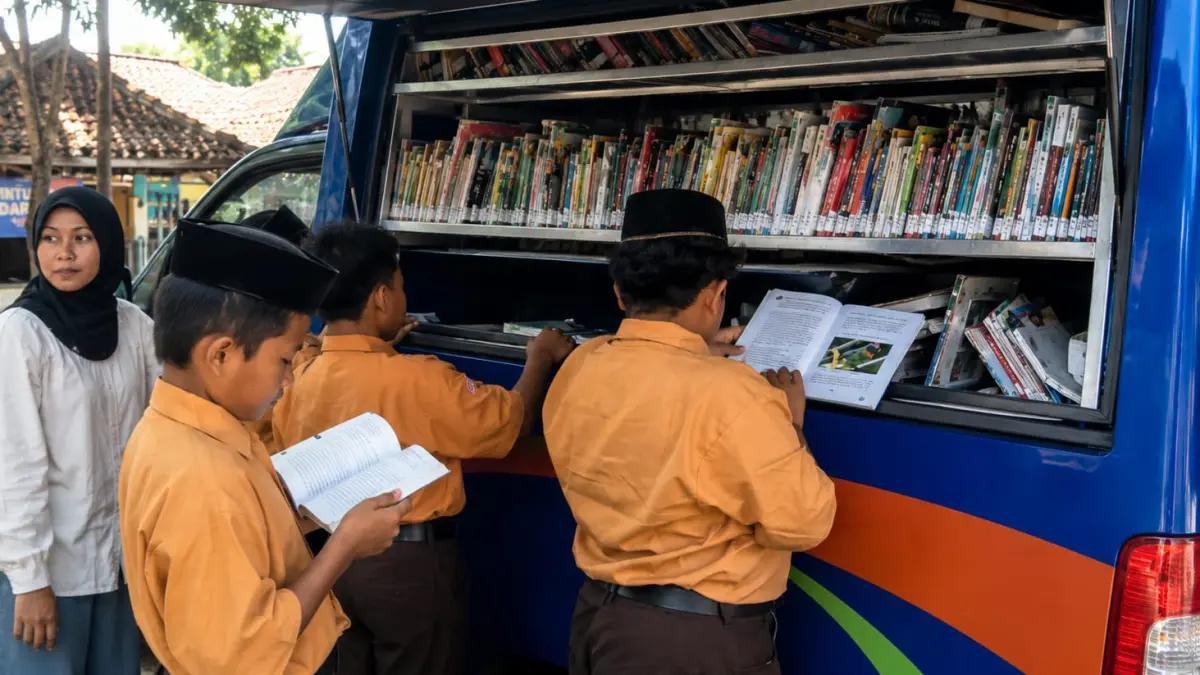 MINAT BACA: Santri YPP Miftahussaadah Sukorambi serbu mobil perpustakaan keliling, Sabtu (25/7). (M. ADHI SURYA/RADAR JEMBER)
