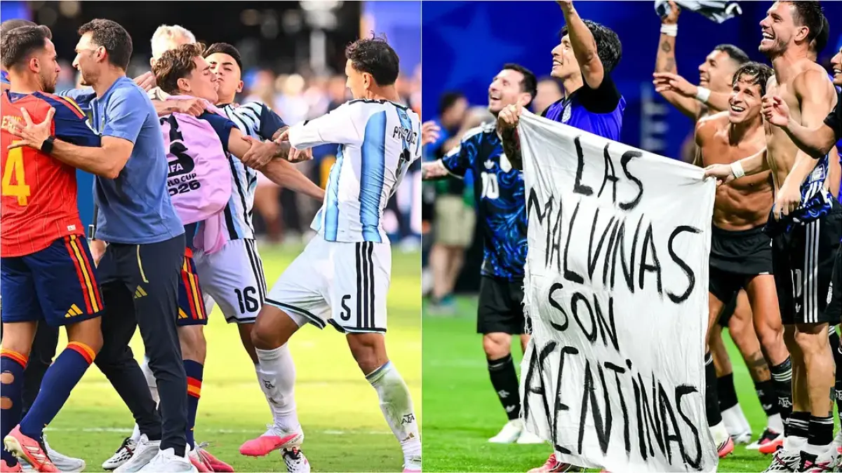 Kericuhan para pemain Argentina dengan Spanyol di Final Piala Dunia 2026 (Tom Weller/picture alliance/Getty Images), Selebrasi Argentina dengan Spanduk Falklands. (MB Media/Getty Images)