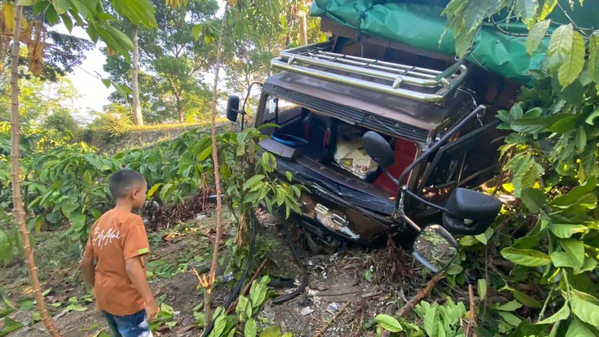 AKIBAT REM BLONG: Truk Fuso berplat P 7239 VI disopiri Agus Widodo, 46, warga Banyuwangi masuk jurang setelah alami rem blong pada Minggu (2/8/2026) dinihari. (JUMAI/RJ)