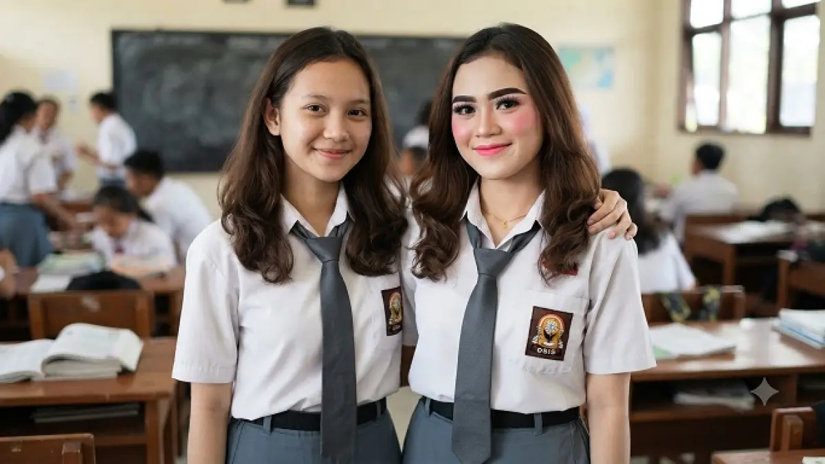 Ilustrasi siswi sekolah mengenakan riasan wajah. (foto diolah dengan AI)