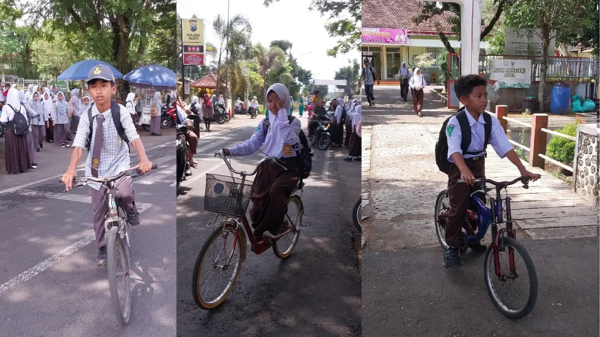 HEBAT: Pelajar salah satu SMP di Panti masih semangat mengayuh sepeda untuk berangkat dan pulang sekolah. (JUMAI/RADAR JEMBER)