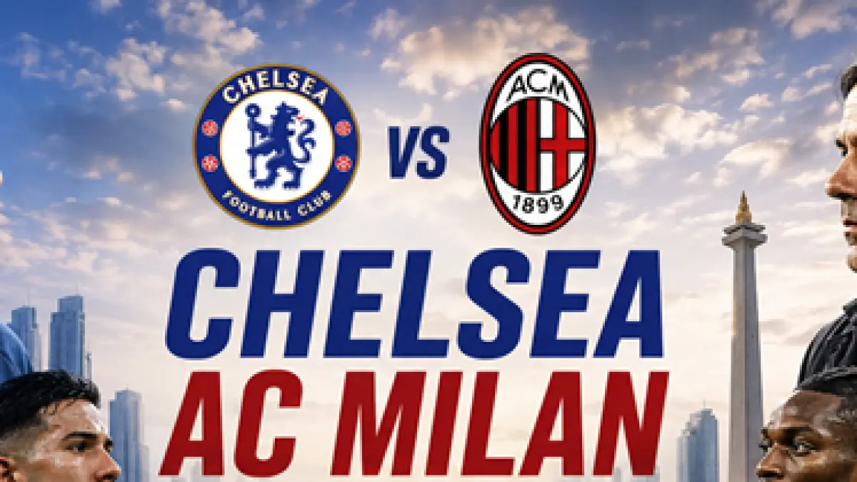 Ilustrasi ajang pertandingan AC Milan vs Chelsea yang dilaksanakan di Gelora Bung Karno. (ILUSTRASI AI)