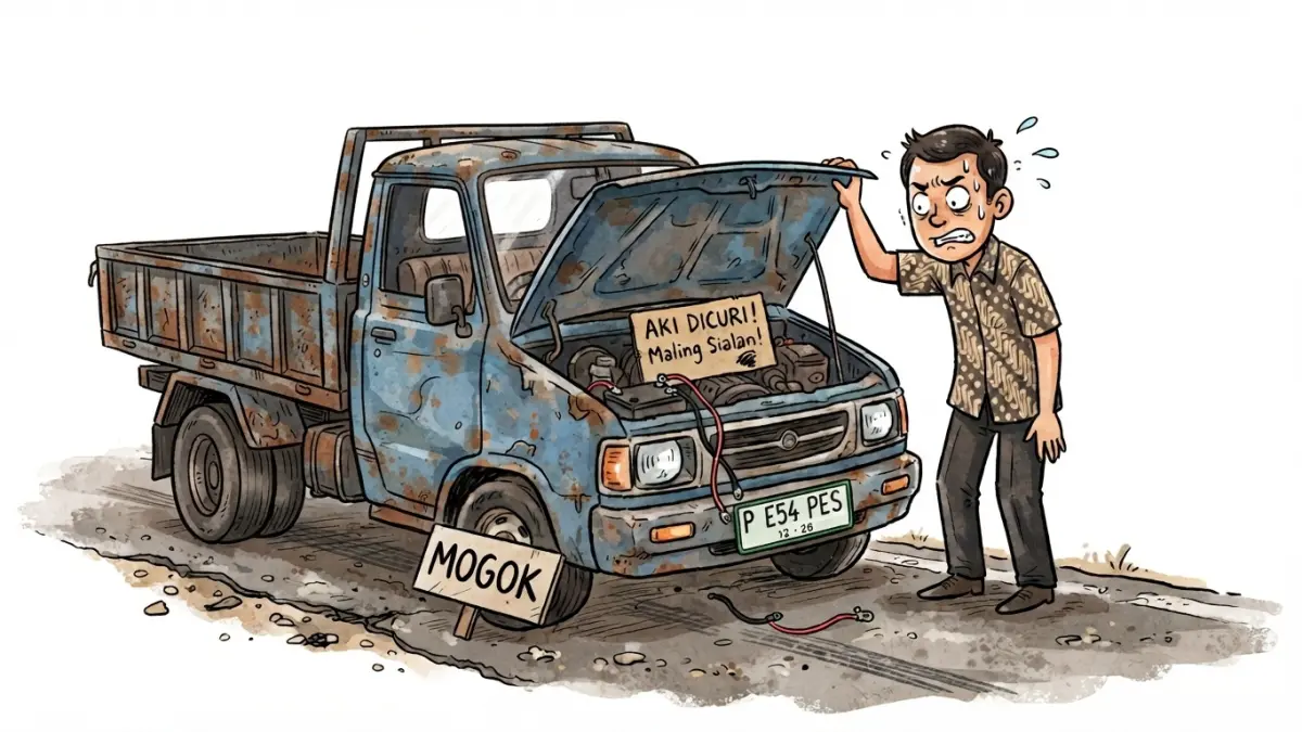 HILANG: Aki truk milik warga Dusun Wetan Gunung, Desa Wonojati, Jenggawah, raib digondol maling saat diparkir. (ilustrasi diolah dengan AI)