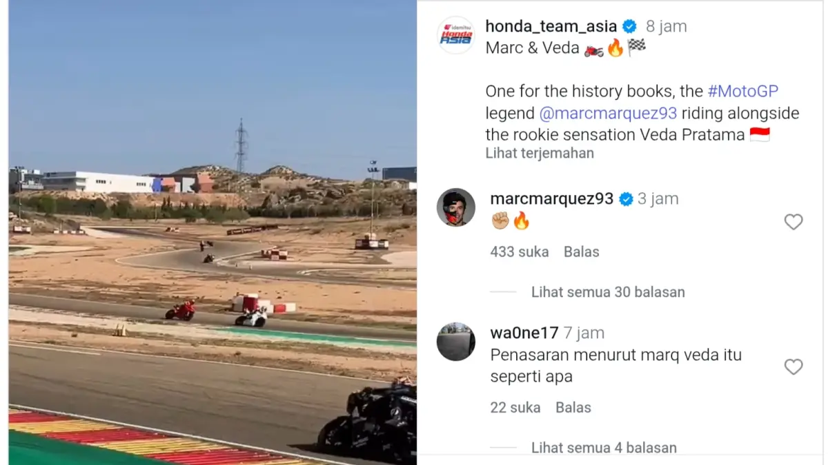 Veda Ega Pratama dibuntuti Juara Dunia MotoGP 9 kali, Marc Marquez saat latihan di Sirkuit Aragon, Spanyol. (Honda Team Asia)