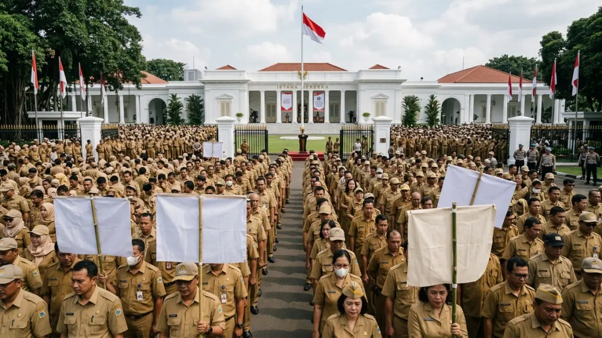 Ilustrasi Ribuan tenaga honorer dan PPPK saat menyampaikan aspirasi mereka. Sebanyak 35 ribu pegawai PPPK dijadwalkan menggelar aksi damai di Istana Negara pada 7 September 2026 guna membawa empat tuntutan utama kepada pemerintah. (Ilustrasi AI)

